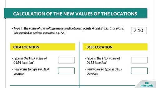 Where to type in the voltage measured on Mercedes G-Class W463 and C-Class W203 dashboards on the Minitools calculation tool