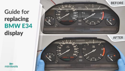 Comparison before and after replacing BMW E34 malfunctioning display with Minitools spare part SEPDISP35B