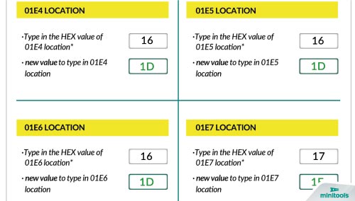 New values to type in 01E4, 01E5, 01E6 and 01E7 locations obtained with Minitools calculation tool